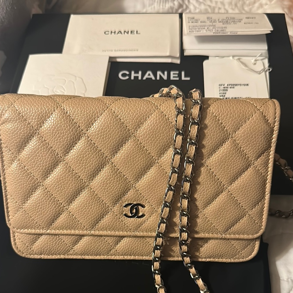 Chanel Tan Crossbody Quilted Bag with Chain Strap